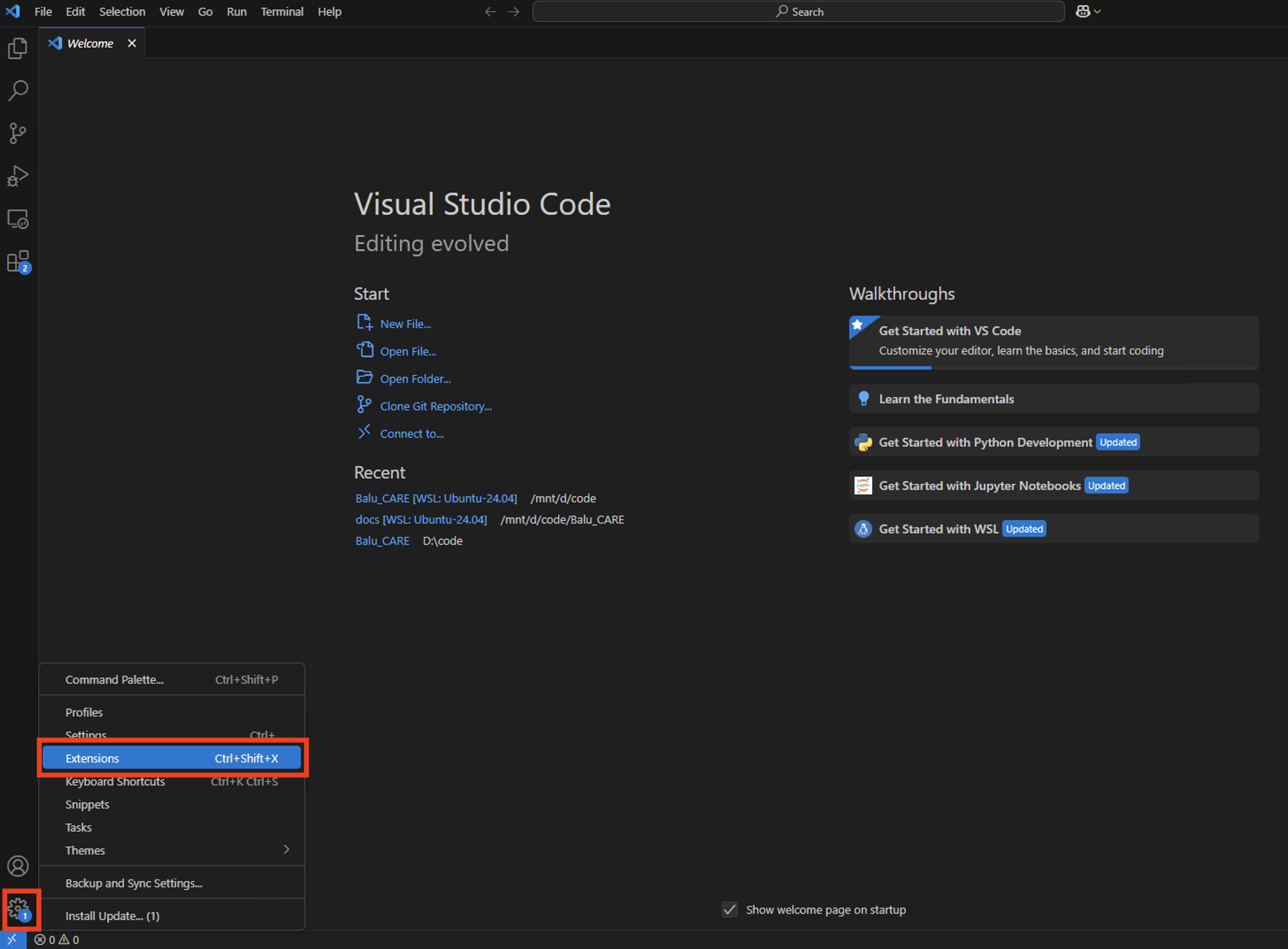 Image showing the extensions button in the VSCode settings.